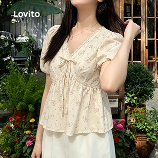 Lovito วันหยุด เสื้อเชิ้ตผู้หญิงลําลองลายลูกไม้ ผูกเชือก สําหรับฤดูใบไม้ผลิ/ฤดูร้อน สีแอปริคอท เกาหลี อินเทรนด์ LK3AD406