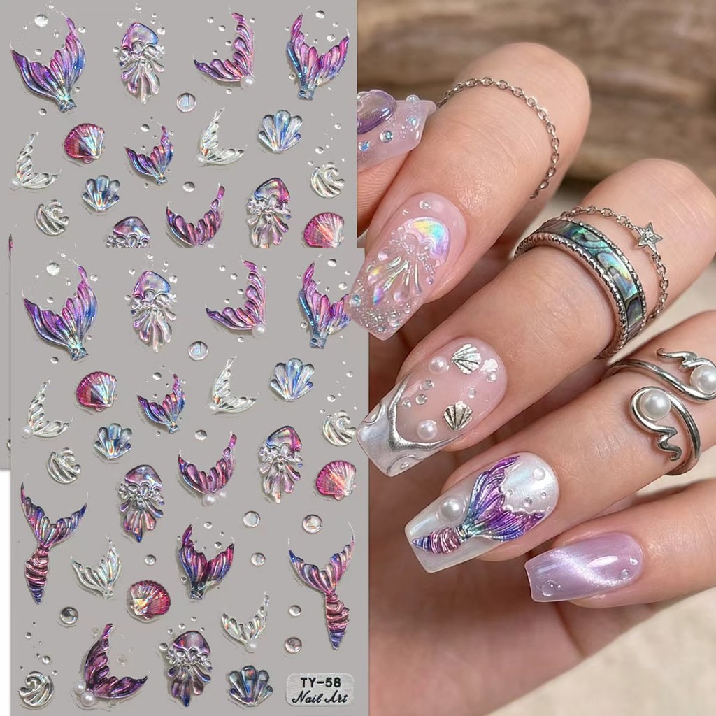 HAMA 5D3D นูน Mermaid Nail Art สติกเกอร์เลเซอร์แมงกะพรุน Shell Ocean Design กาว Decals DIY ตกแต่งเล็บ TY-58