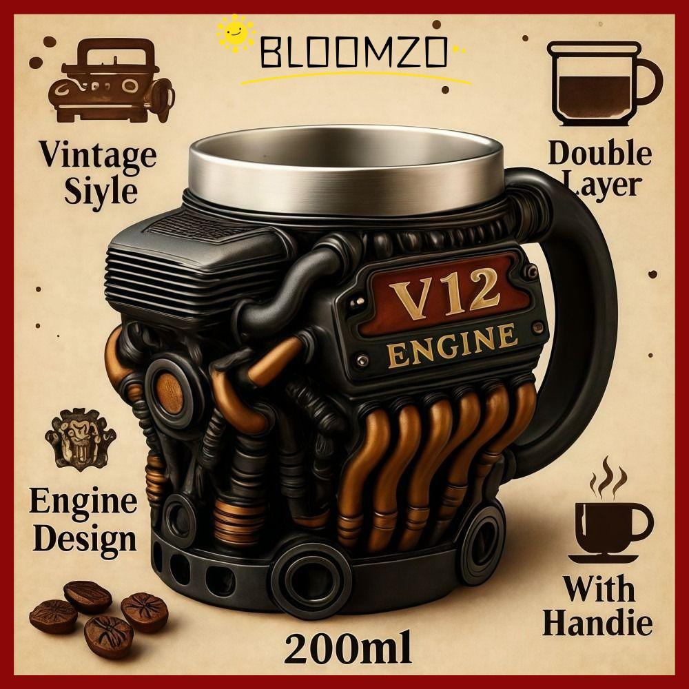 CODBLOOMZO แก้วกาแฟเครื่องยนต์,พร้อมที่จับ 200ML V12 เครื่องยนต์ถ้วยสแตนเลส, ส่วนบุคคล Double Wall Retro การออกแบบที่สมจริงฉนวนกันความร้อนรถแก้วของขวัญสําหรับผู้ชายและผู้หญิง