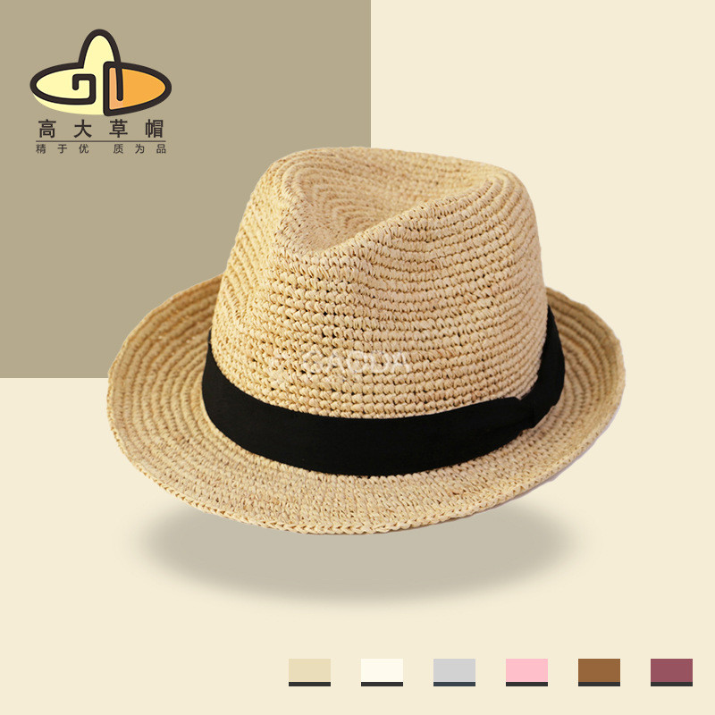 Spot Goods#Curved-brimmed fedora, raffia woven straw hat, small fedora, sun protection hat, short-br