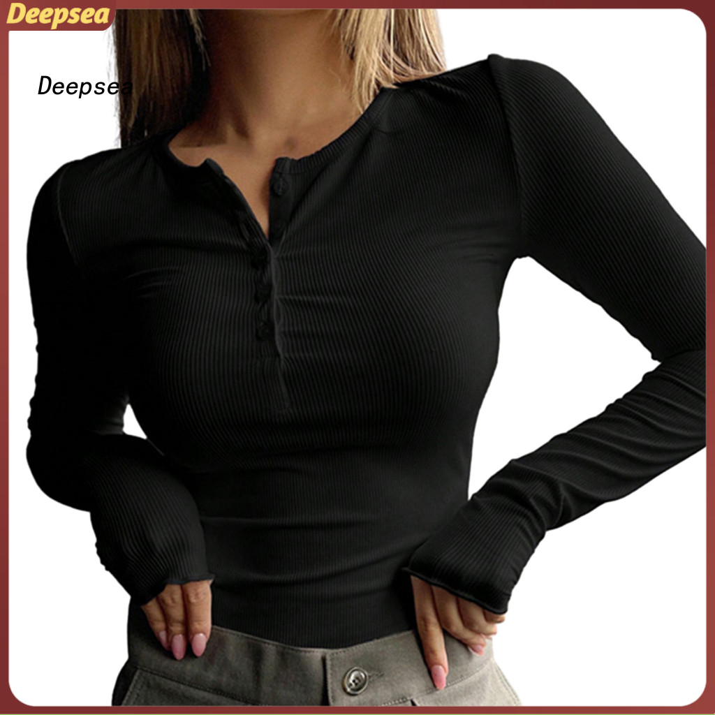 DPA ผู้หญิงs Slim Fit เสื้อแขนยาว O-คอปุ่มเสื้อนุ่ม Breathable ผ้ายืดหยุ่นเรียบง่ายสไตล์เสื้อยืดสีทึ
