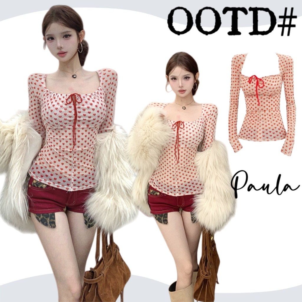 Paula พร้อมส่ง🌴เสื้อแขนยาวคอวี🌴ทรงเข้ารูปชุดเที่ยว ใส่ปังคริสต์มาสเซ็กซี่ลายหัวใจเด่นสีแดงโบว์ผูกสวยเด่น ลิมิเต็ดลด