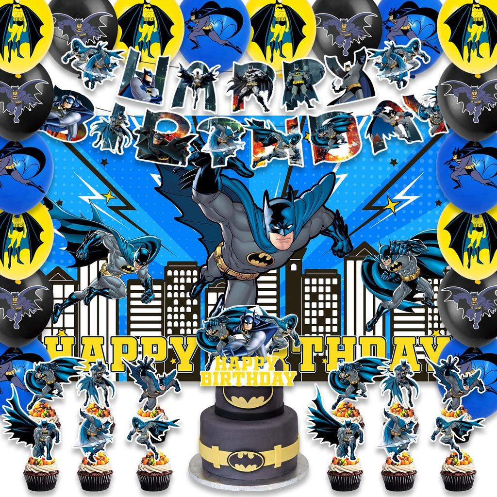 42 ชิ้น Batmans Birthday Party Supplies Pack รวม,Banner,เค้ก Topper,Blackdrop,Balloons สําหรับอุปกรณ