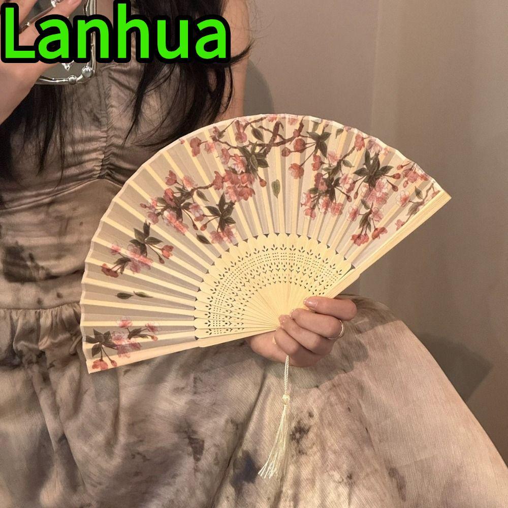 แลนฮู จีนญี่ปุ่นพับพัดลม,งานฝีมือสไตล์วินเทจพับพัดลม,ตกแต่งที่มีสีสันพัดลมพลาสติก เขา เสื้อผ้าอุปกรณ์เสริมพู่ สง่างาม พัดลมหญิงเต้นรําอุป