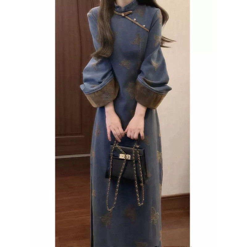 好物推荐设计感新中式国风复古高级感改良旗袍连衣裙秋冬季民国风牛仔长裙Design sense new Chinese style national style retro high-end sense