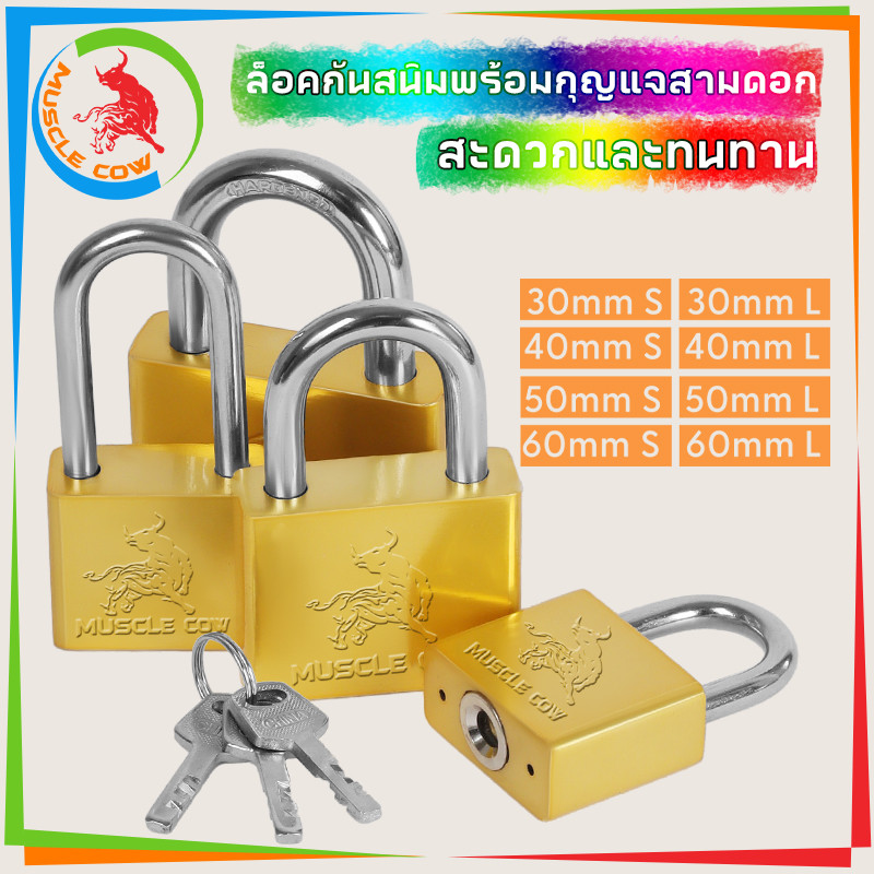 MUSCLE COW กุญแจ ระบบลูกปืน สีทอง และสีเงิน กุญแจลูกปืน กันน้ำได้ 60มม. คอสั้น คอยาว ขนาดเล็ก ใหญ่ รุ่นเหล็กชุบ แม่กญแจ