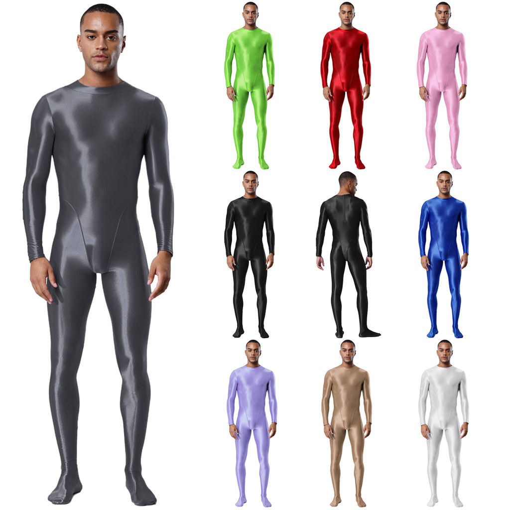 Yhong Mens ดูผ่านชุดบอดี้สูทเต็มตัว Mock คอแขนยาว Footed One Piece Jumpsuit Glossy Clubwear ชุดนอน