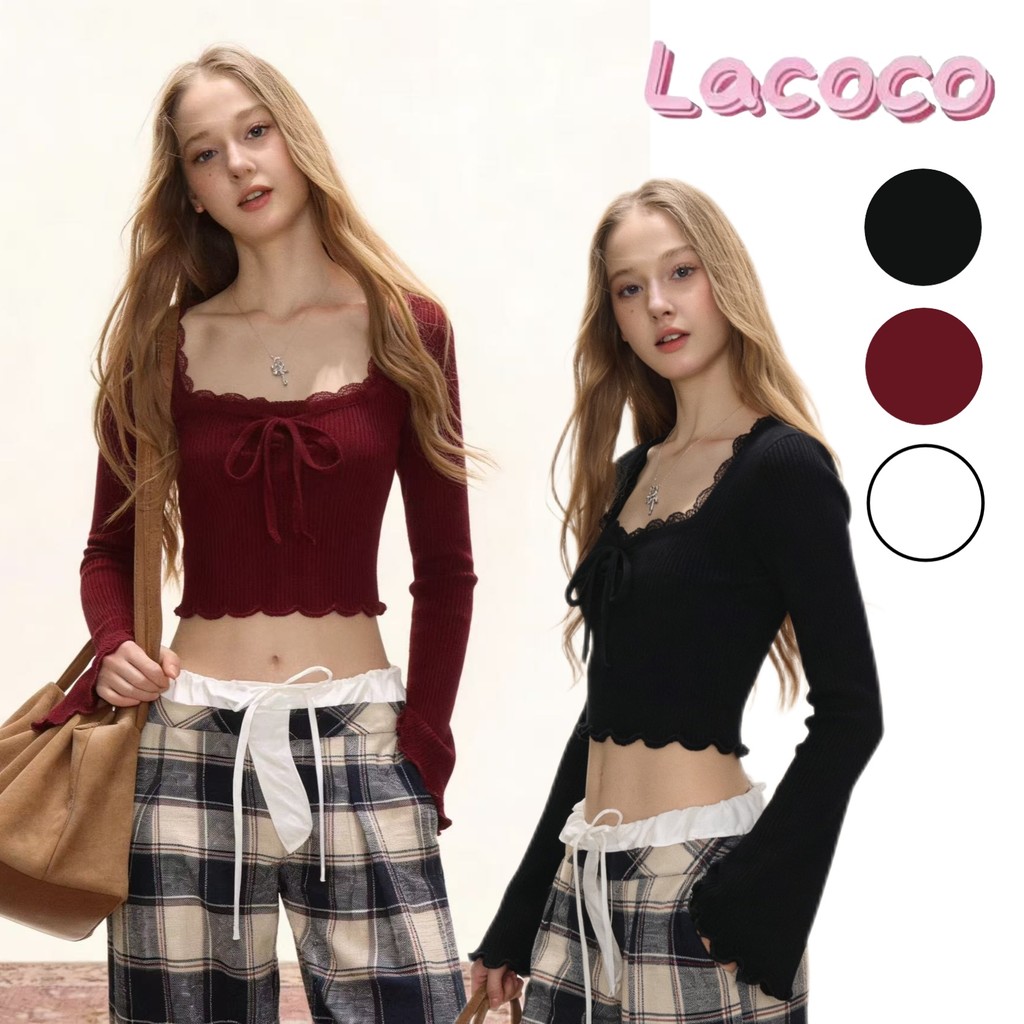 Lacoco🍓คลังสินค้าพร้อม🍓เสื้อถักแขนยาวคอเหลี่ยมสไตล์ฝรั่งเศสสำหรับผู้หญิง สีแดง ขาว และดำ สำหรับฤดูใบไม้ร่วง/ฤดูหนาว