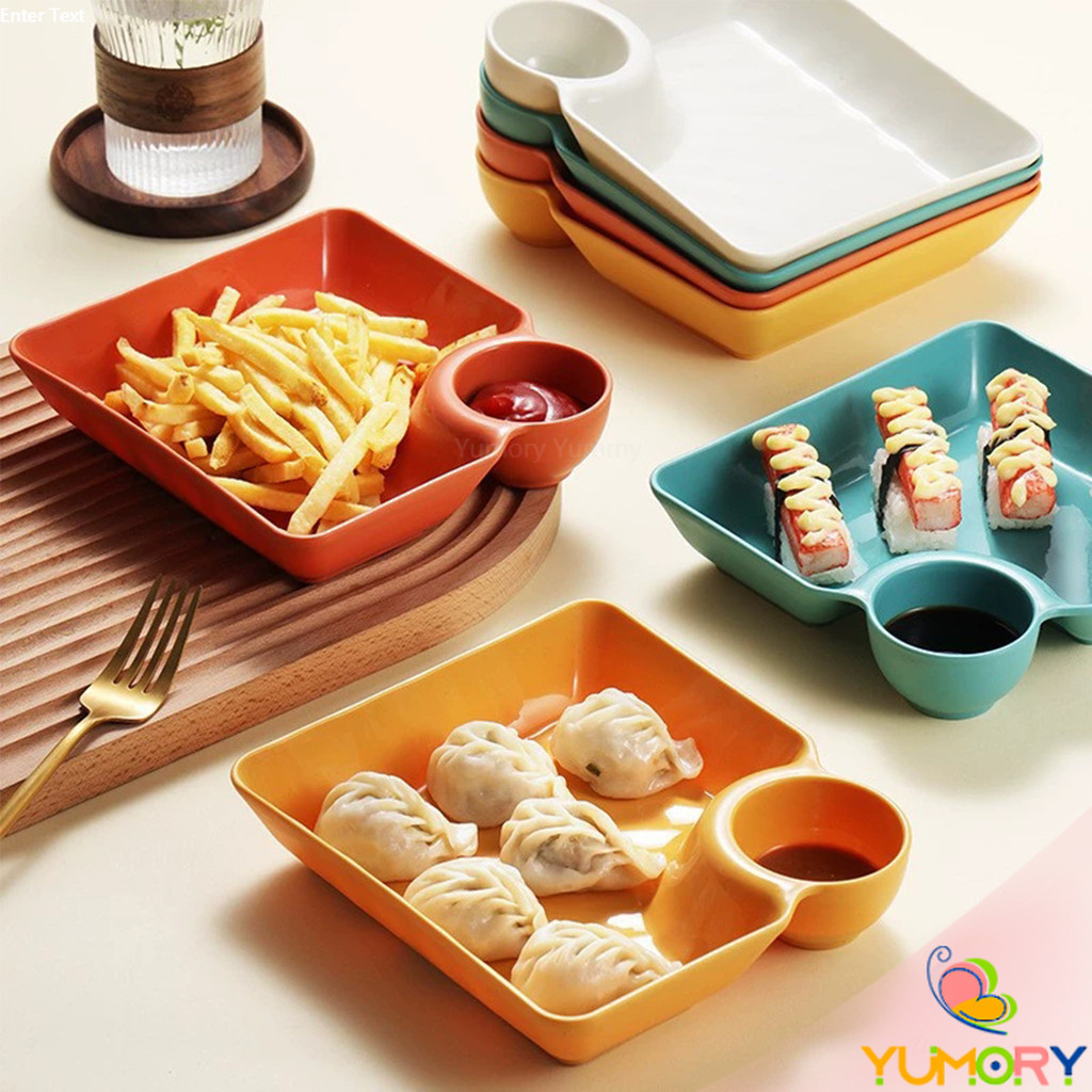 Yumory 1 ชิ้น จานพลาสติก จานพร้อมที่ใส่น้ำจิ้ม ใส่ขนม ใส่เกี๊ยว Plastic plate - รูปที่ 3