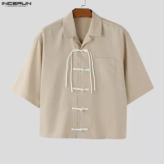 INCERUN ผู้ชายเกาหลีสไตล์แห่งชาติLapel Raglanแขนกบปุ่มออกแบบหลวมสีคมชัดเสื้อ