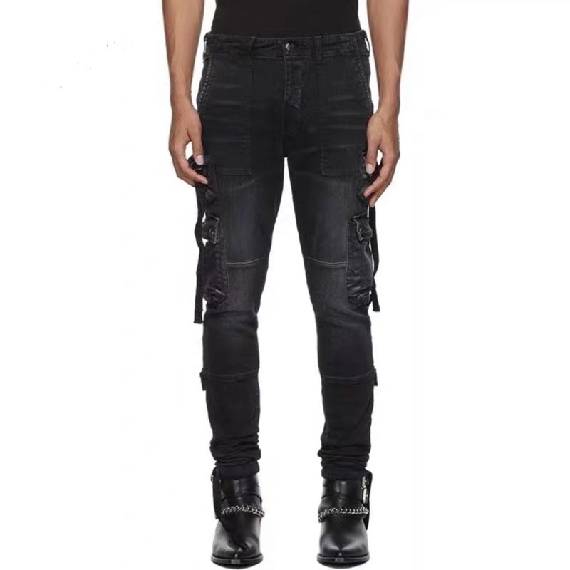 AMIRI MX1 พรีเมี่ยม Cargo Ten Pocket black double knee holes and leather tassel slim fit  jeans