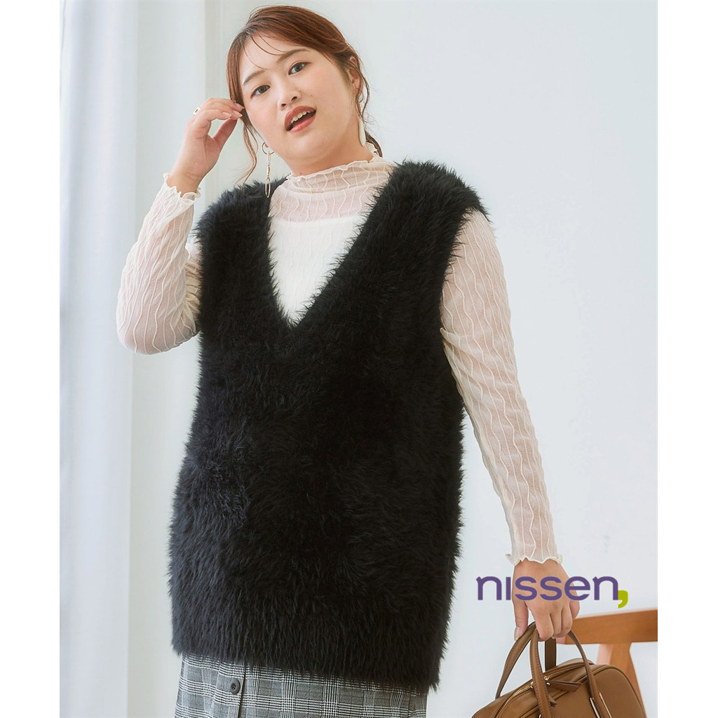 Direct from Japan Nissen_เสื้อกั๊ก V-neck ขนปุยไซส์ใหญ่ พลัสไซส์ แฟชั่นเกาหลี พรางหุ่น เทรนด์ฮิต ใส่