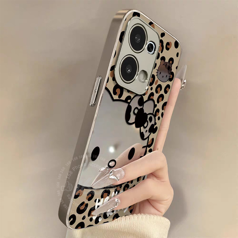เคส OPPO A6 A5 Pro 5G Case เคสลายแมวน่ารัก ลายเสือดาว กระจกกันกระแทก พร้อมกรอบเงินชุบทองนุ่มและที่ป้องกันเลนส์กล้อง เหมาะสำหรับผู้หญิง นักเรียน