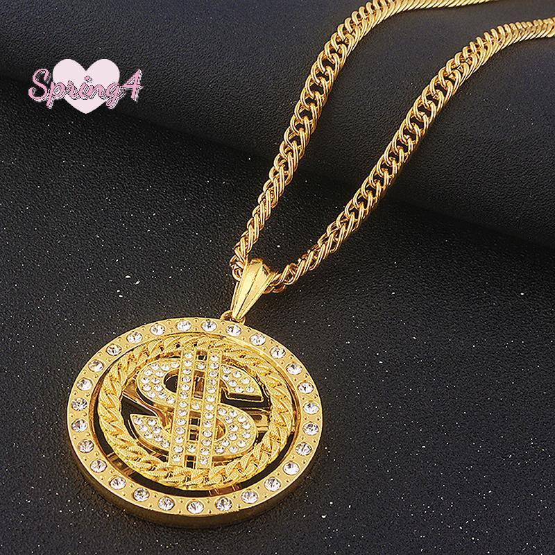 <Spring4> Big Rotatable US Dollar ป้ายเงินจี้สร้อยคอผู้ชาย Rapper Hip Hop