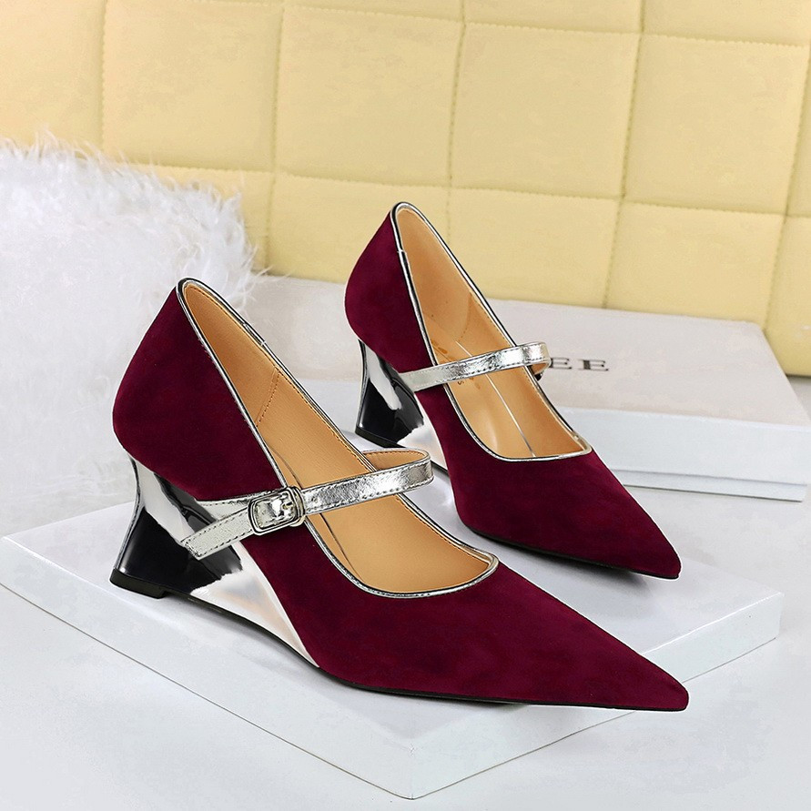 BIGTREE Fashion Color Matching Womens Shoes Metal Heel Wedge Shoes 6CM