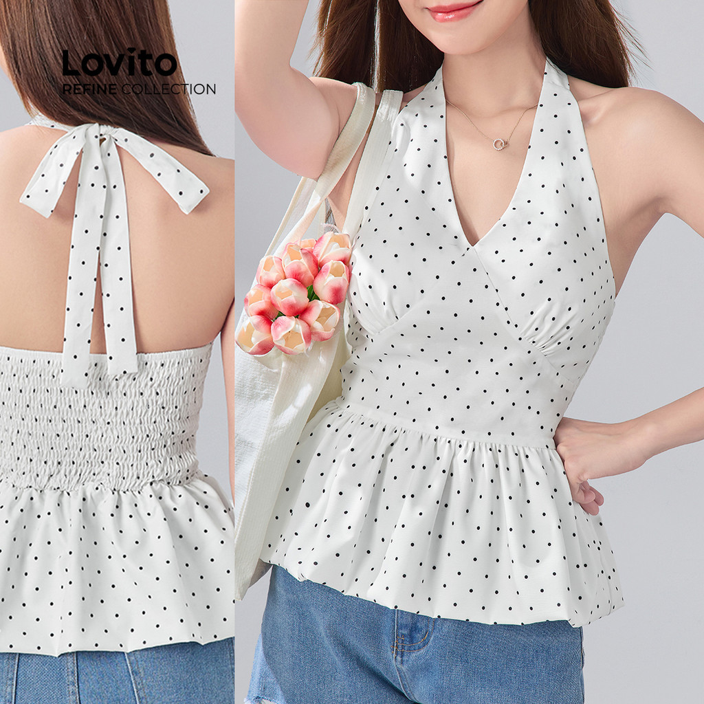 (Lovito Refine) เสื้อลําลอง ระบาย ชายเสื้อ ฤดูใบไม้ผลิ/ฤดูร้อนสีดําและสีขาวด้านบ