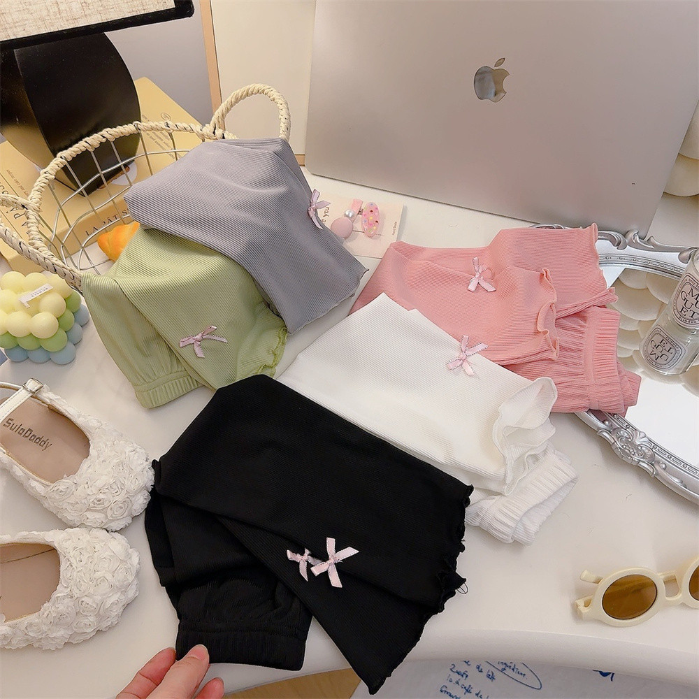 กางเกงลำลองสำหรับเด็กผู้หญิงสไตล์เกาหลีใหม่สำหรับฤดูร้อน ตกแต่งด้วยโบว์: ทรงขาตรงเข้ารูป สีพื้น - รูปที่ 4