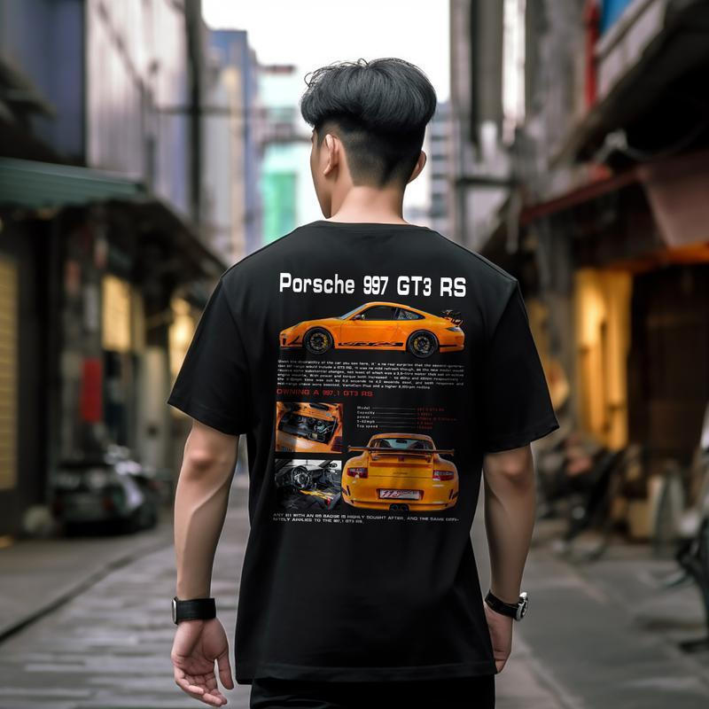 เสื้อยืดคอตตอน Porsche 911 GT3 RS Retro สีชมพู เครื่องแต่งกายลำลอง