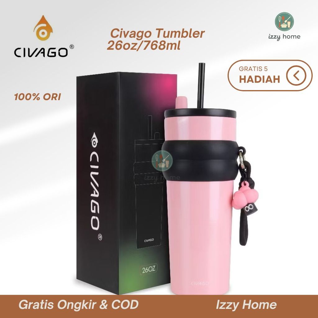 [ของขวัญฟรี] CIVAGO Tumbler 26oz/768ml เคลือบเซรามิก – ป้องกันกลิ่นป้องกันคราบด้วยฟาง