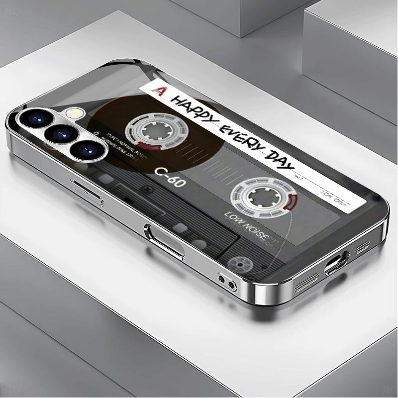 วิทยุแม่เหล็กเทป Cassette 85 หรูหราชุบกรอบแก้วเคสโทรศัพท์สําหรับ Samsung Galaxy S22 S23 S24 S25 Ultr
