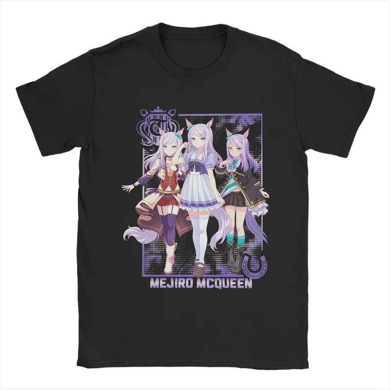 ทีเชิ้ตอนิเมะ Mejiro McQueen Uma Musume สำหรับผู้ชาย เสื้อยืดผ้าฝ้ายบริสุทธิ์วินเทจ คอวี แขนสั้น เสื