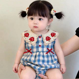 เสื้อผ้าเด็กใหม่ฤดูร้อนลายสก๊อตสีฟ้าบางพักกลางวัน เจ ผู้ตัดสิน 0-24เดือนน่ารักสุดน่ารักถักปกสามเหลี่ยม ฮ่า-ฮ่า เสื้อผ้าโบว์ผ้าฝ้ายแท้บอดี้สูท