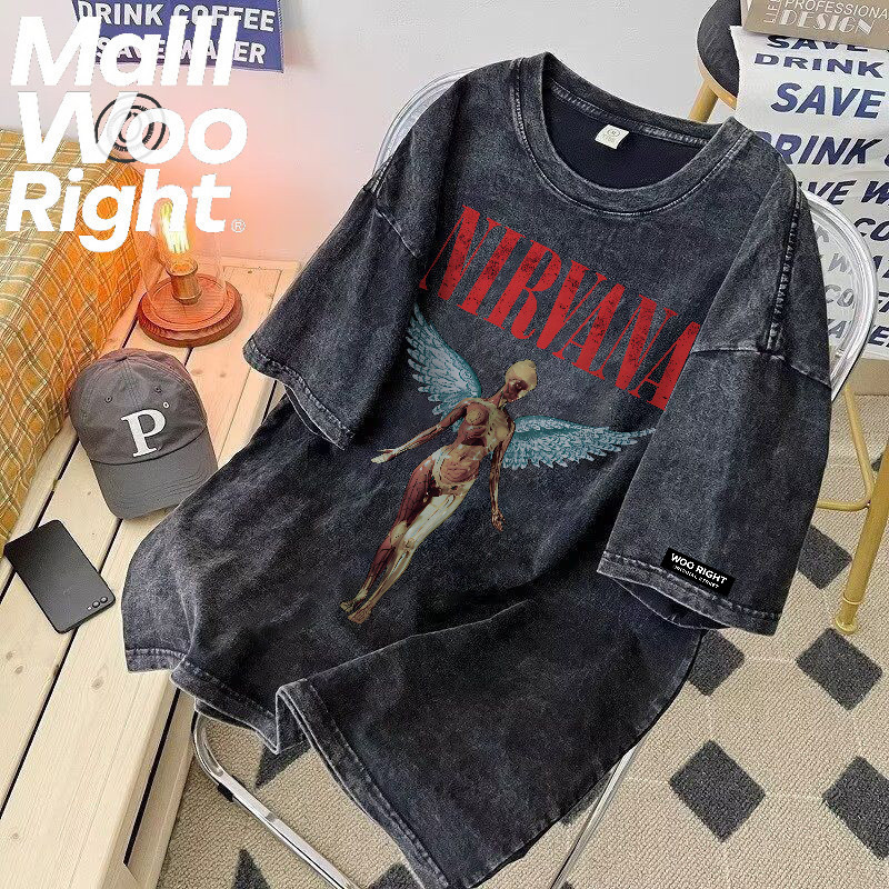 (จัดส่งตลอด 24 ชั่วโมง)Woo Right ผ้าฝ้าย100% Nirvana วงดนตรี  เสื้อยืดผ้าฟอก oversize ผ้าคอตตอน100% สไตส์อเมริกา I001113