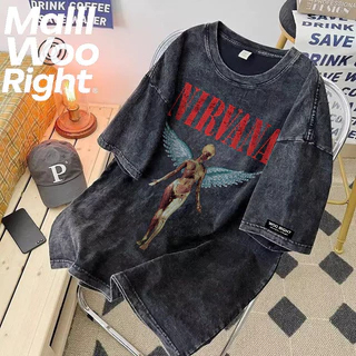 (จัดส่งตลอด 24 ชั่วโมง)Woo Right ผ้าฝ้าย100% Nirvana วงดนตรี เสื้อยืดผ้าฟอก oversize ผ้าคอตตอน100% สไตส์อเมริกา I001113
