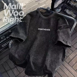 （จัดส่งตลอด 24 ชั่วโมง）Woo Right เสื้อยืดฟอก oversize ผ้าฝ้าย 100% โอเวอร์ไซซ์ สีดําเข้ม สไตล์ฮิปฮอป เรโทร HY