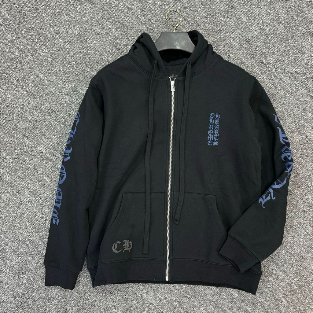 【Chrome Hearts】Ch Crowe Sweatshirt Classic Sanskrit Letter Print Hooded Zipper Black Sweatshirt