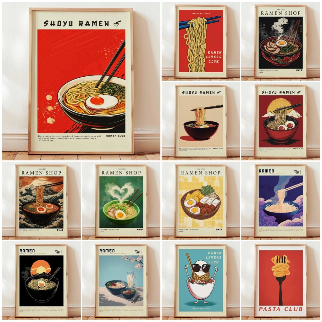 Ramen โปสเตอร์ญี่ปุ่นก๋วยเตี๋ยวซุป Retro Kitchen Decor เอเชียอาหารผ้าใบภาพวาดภาพผนัง