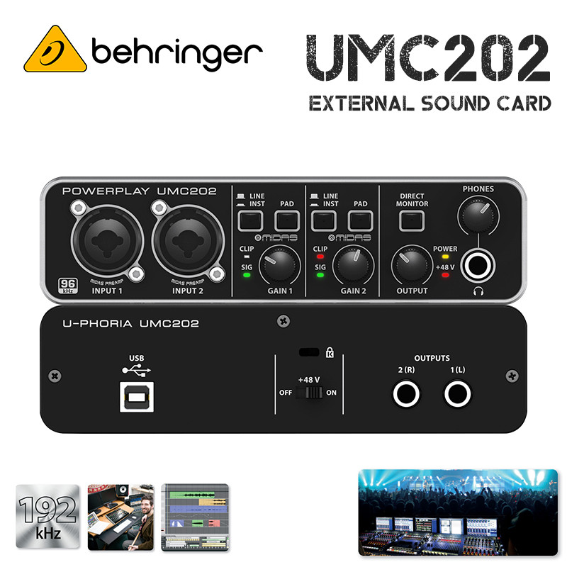 การ์ดเสียงภายนอก Behringer UMC202HD USB2.0 พร้อมแหล่งจ่ายไฟ Phantom 48V ความละเอียดสูง เหมาะสําหรับก