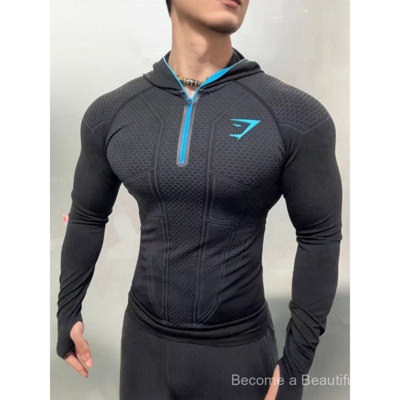 GYMSHARK Classic onyx5.0Superhero Quick-Dry Fitness Top for Men, Autumn and Winter, Hooded, Zippered