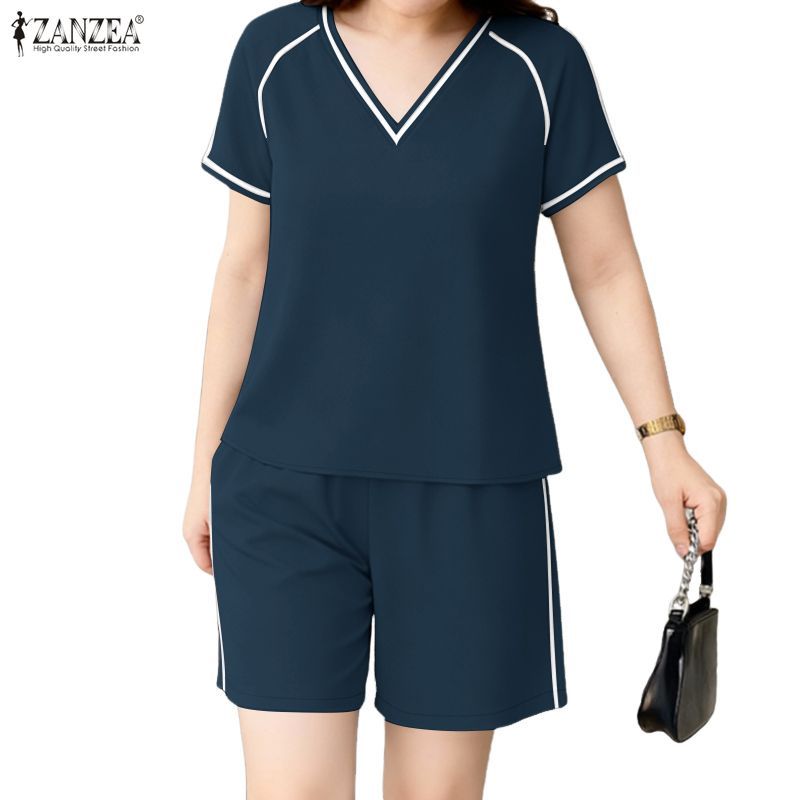 ZANZEA ชุดสองชิ้นสำหรับผู้หญิง ทอหลวม โอ-คอเสื้อแขนสั้น กางเกงขาสั้นเอวยางยืด ใส่สบายทุกวัน