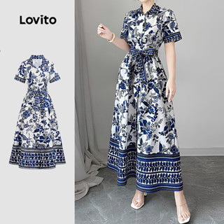 Lovito เดรสสวยหรูสำหรับวันหยุดพักผ่อน ติดกระดุมด้านหน้า มีเข…