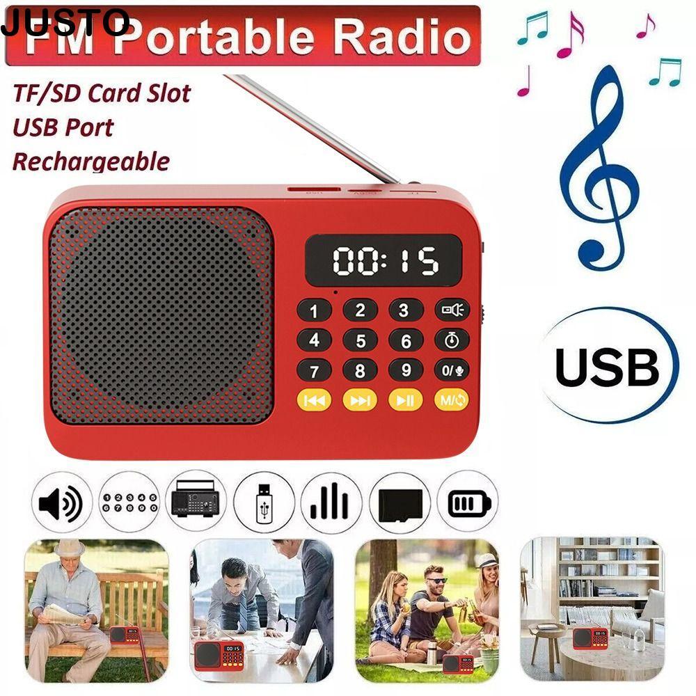 JUSTO เครื่องเล่นเพลง, วิทยุแบบพกพา FM USB TF แบบชาร์จไฟได้, จอแสดงผล LED ลําโพงดิจิตอลแบบใช้มือถือที่รองรับบลูทูธ