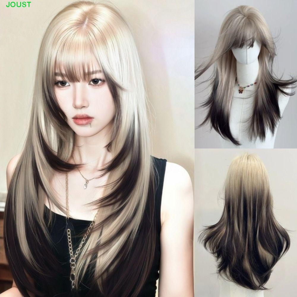 วิกผมสังเคราะห์ Ombre สีบลอนด์และดำ ทรงผมตรงยาว สำหรับคอสเพลย์และปาร์ตี้