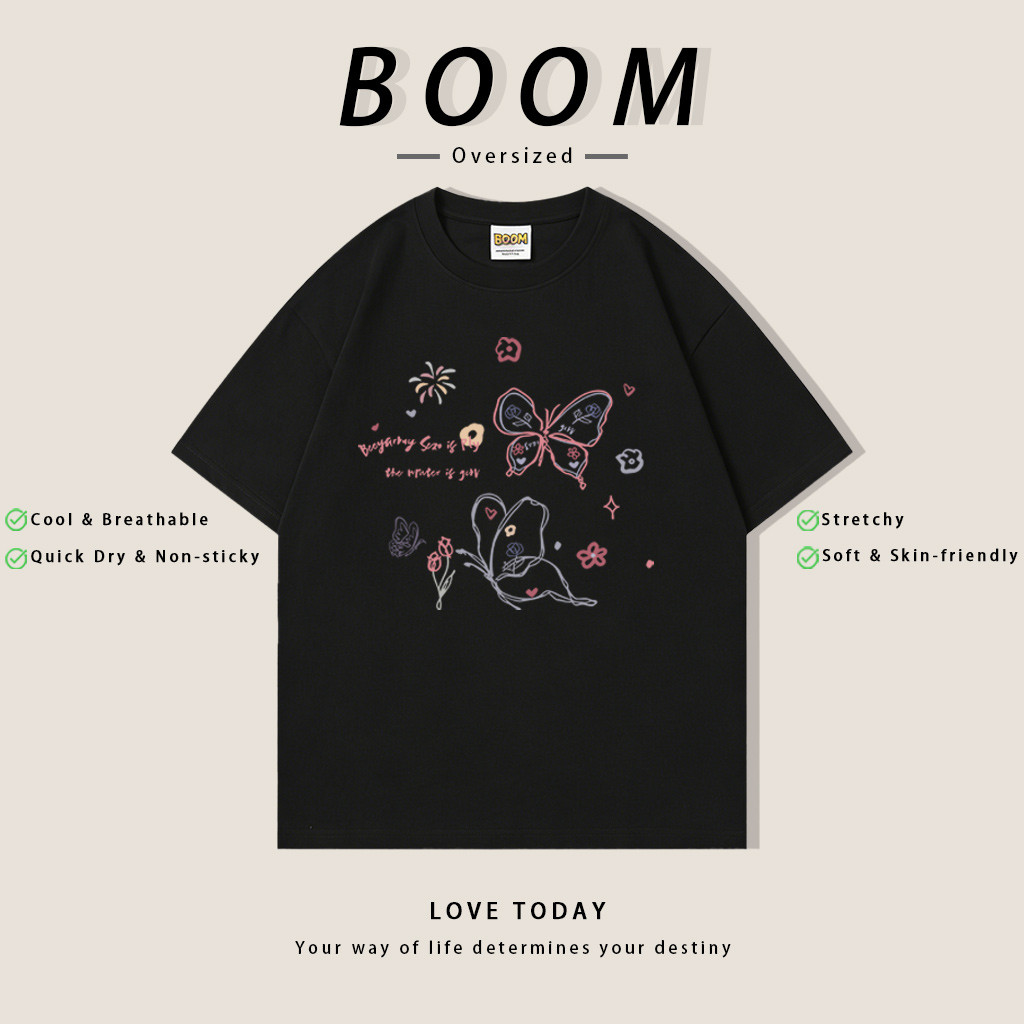 BOOM ฤดูร้อน เสื้อยืดสั้นแขน สไตล์เกาหลี Oversize ลายดูดิ้วผีเสื้อน่ารัก ผ้ายืดคุณภาพ ระบายอากาศดี (เงินสดปลายทาง)