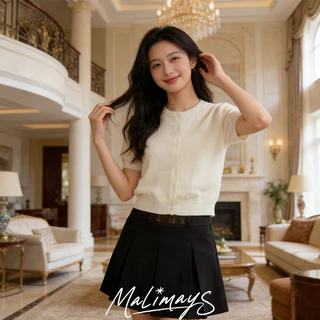 MALIMAY Macaron knit top Short Sleeve Cardigan การ์ดิแกนสั้นแขนตุ๊กต ผ้าถักนุ่ม 3สี ดีไซน์ปุ่มหน้า สไตล์วินเทจสบายๆ Q8