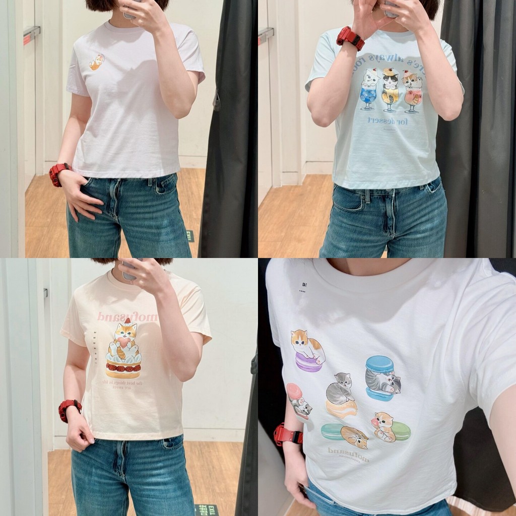 Un0 เสื้อยืดแขนสั้นพิมพ์รอบคอกลางสัตว์เหมือนขนมปังแมวน่ารักสำหรับทุกวัย