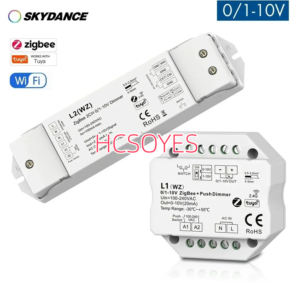 Skydance 1CH/2CH 0/1-10V ZigBee AC Push Dimmer Tuya 0-10V controller เชื่อมต่อ 0/1-10V หรี่แสงได้ dr