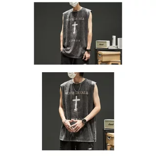 [ส่งไวจากไทย] วินเทจอเมริกัน สูง ถนน ผู้ชายสีดําพิมพ์เสื้อกล้ามระบายอากาศ สตรีทแวร์ สําหรับวัยรุ่น