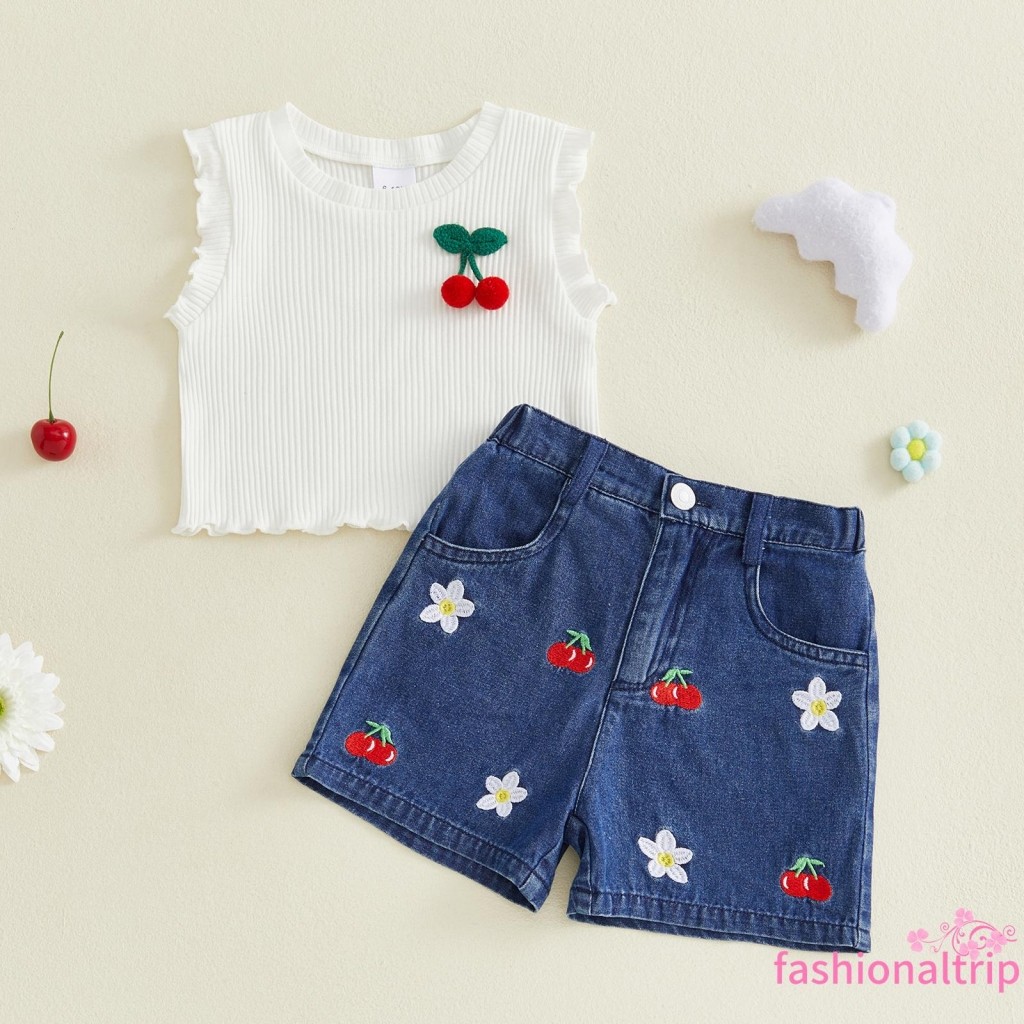 ชุดเด็กทารก 3D Cherries Lettuce Trim Tank Top และกางเกงขาสั้นยีนส์ยืดหยุ่น สำหรับทารก