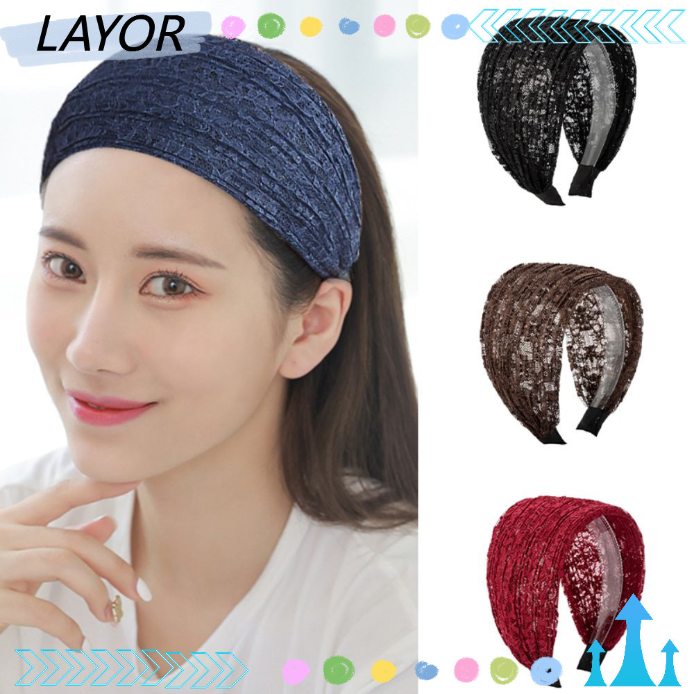 LAYOR ห่วงผมด้านข้างกว้าง,ลื่นยืดหยุ่นลูกไม้ตาข่ายผม Band, Elegant Headwear อุปกรณ์เสริมผม Hollow ผู้หญิงลูกไม้ Hairbands สําหรับผู้หญิงสาว