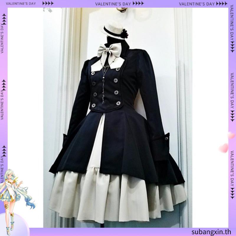 Women Vintage Gothic Lolita Cosplay Costume Dress Bow Tie Button Long Sleeve Party Dress