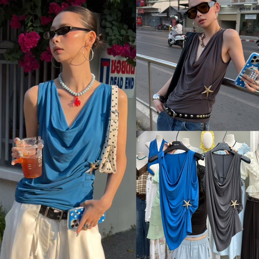 ❤ 🧵 🇰🇷 SU170 เสื้อแขนกุดคอถ่วง แต่งอะไหล่สีเงินรูปดาว งานทรงสวยเก๋ ใส่แมทซ์ง่าย แฟชั่นเกาหลี TAG MM Fish 🧡