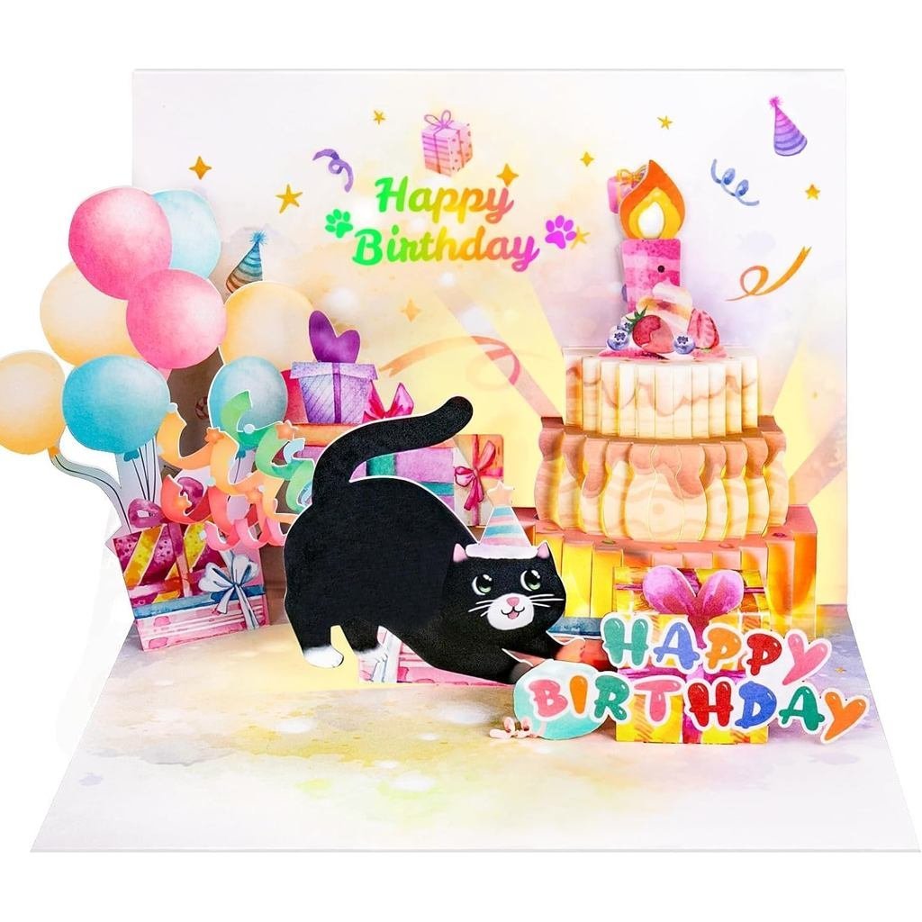 การ์ดวันเกิด Cute Cat MUSIC & LIGHTS & BLOWABLE CANDLE Funny Pop up Happy Birthday Card, ของขวัญวันเ
