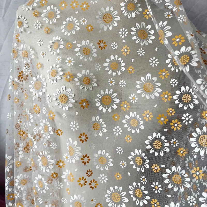 White coffee color mesh printing fabric Offset printing sun flower clothing skirt doll clothing acce