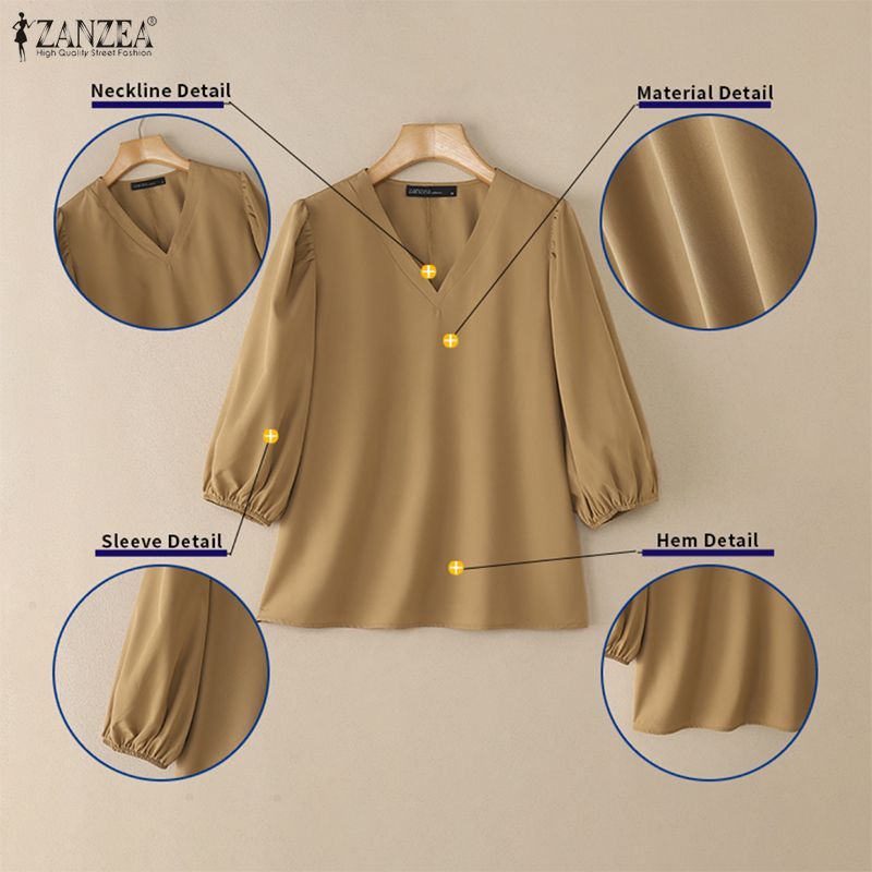 ZANZEA ซานเซีย ผู้หญิงเกาหลีทุกวันลําลองแฟชั่นคอวีแขนพัฟสีทึบจีบเสื้อเรียบง่าย — صورة 8