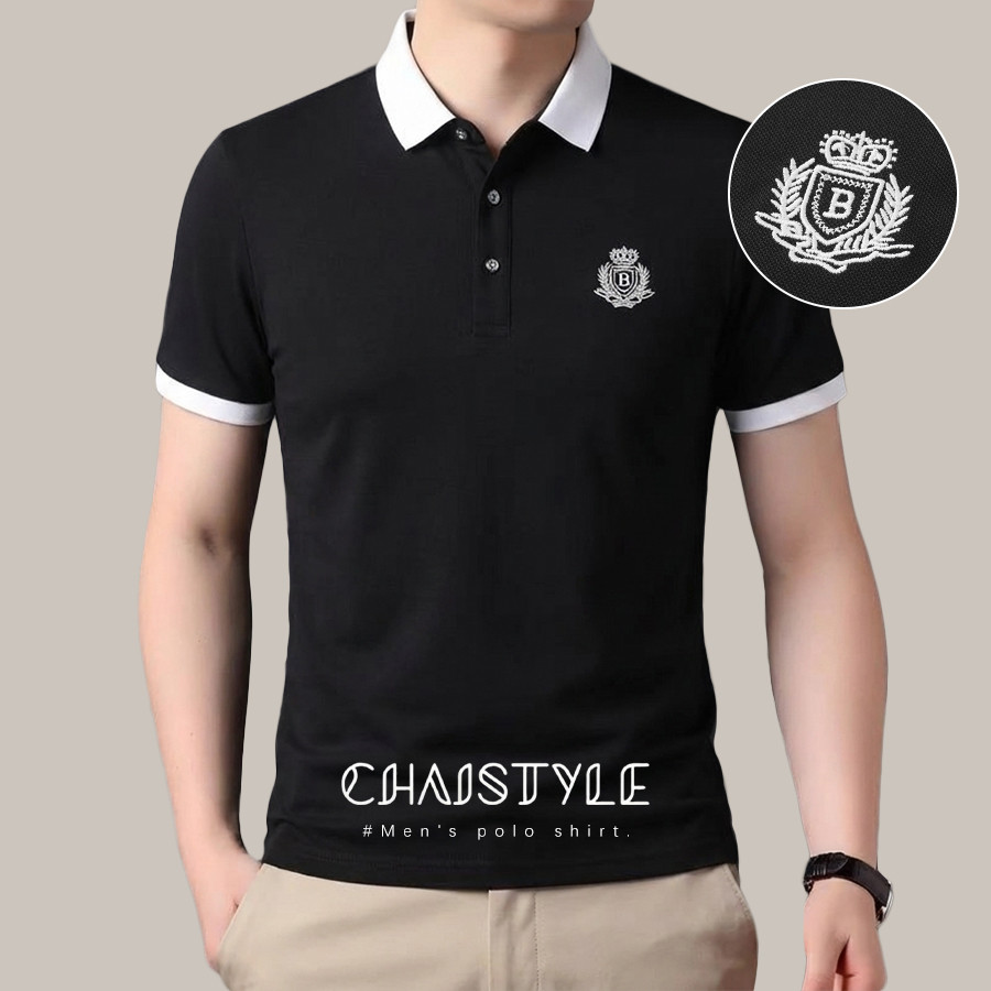 chaistyle เสื้อโปโลแขนสั้นผู้ชายสไตล์วินเทจญี่ปุ่น สีดำและสีขาว เหมาะสำหรับการทำงาน สบายและหลวม